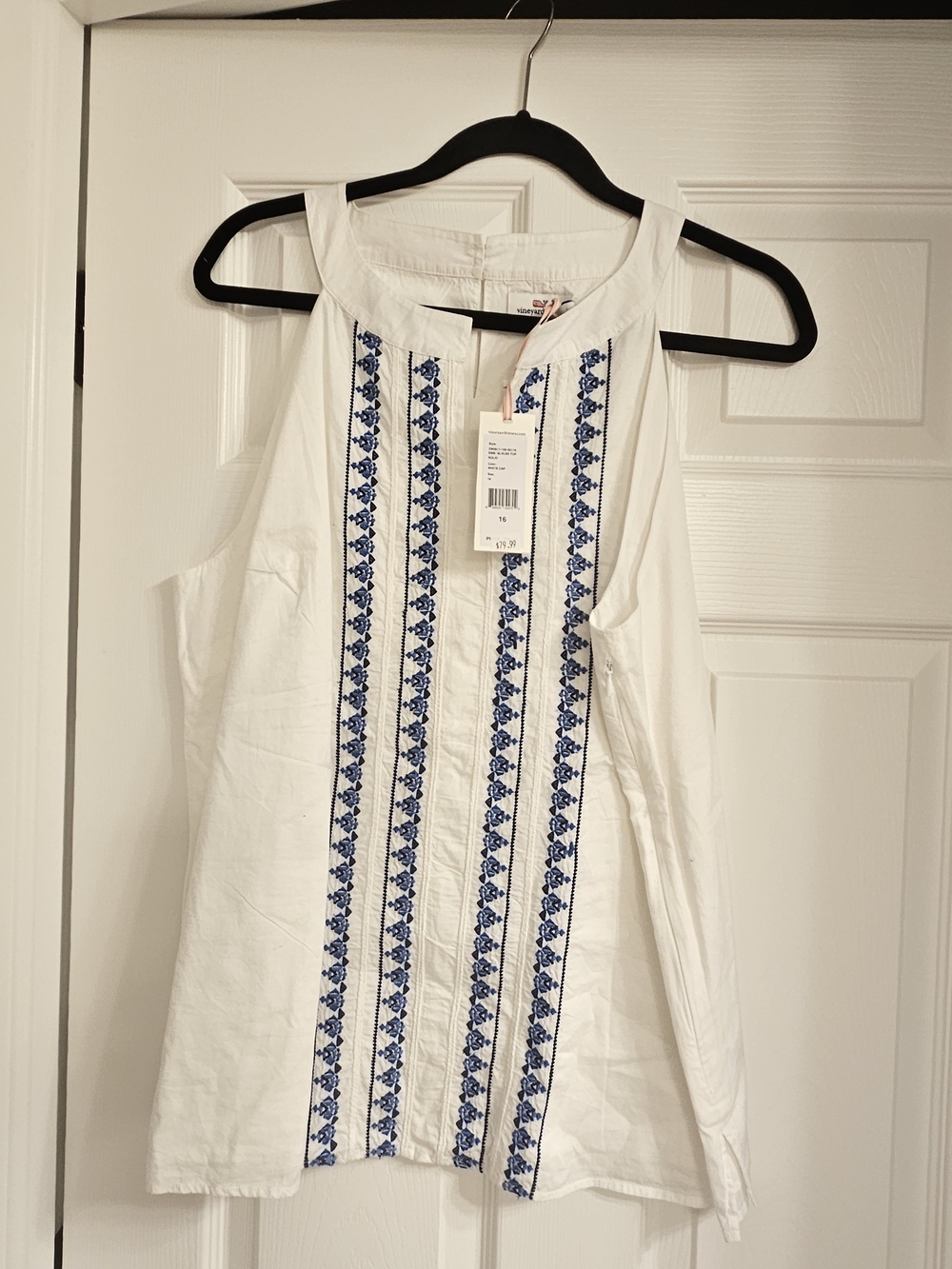 Vineyard Vines White Sleeveless Tank with Blue Embroidered Stripes